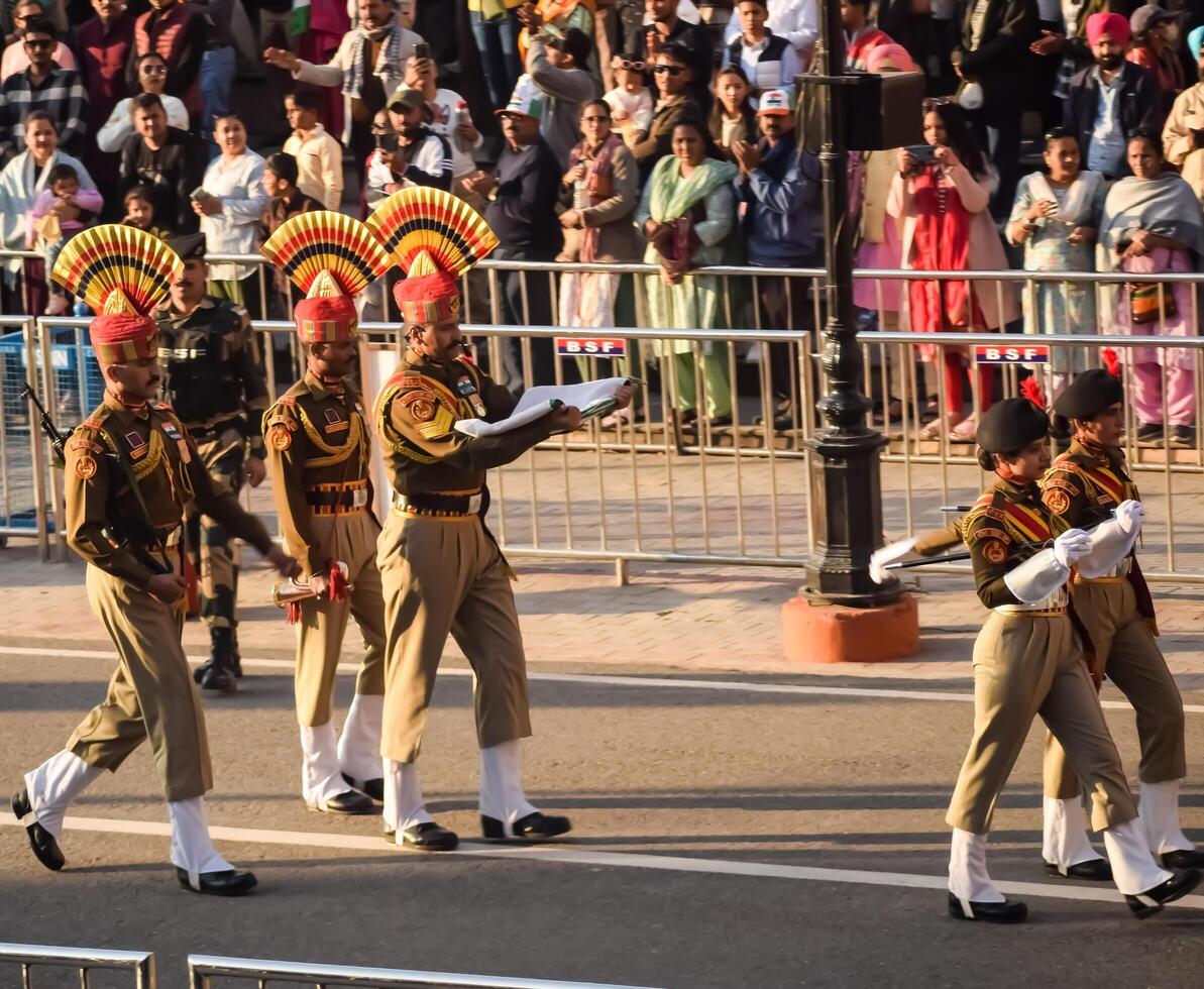 Wagah Border, Amritsar, Punjab, India, 02 February 2024 - Flag ceremony by Border Security Force BSF guards at India-Pakistan border near Attari Amritsar, Punjab, India held every day evening time photo
