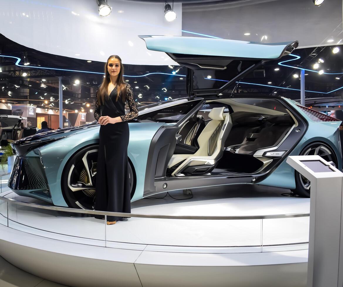 Noida, Uttar Pradesh, India, 28 November 2023- The futuristic self-driving fully autonomous electric, diesel and petrol car displayed at an auto expo 2023. Creative car designed for automobile future. photo