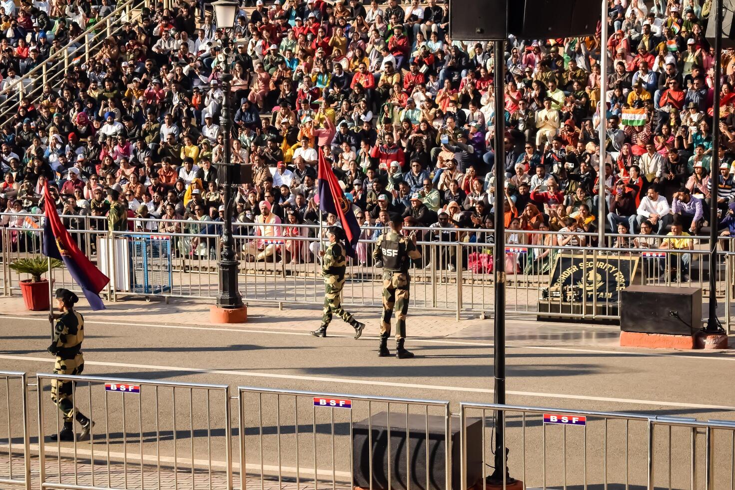 Wagah Border, Amritsar, Punjab, India, 02 February 2024 - Flag ceremony by Border Security Force BSF guards at India-Pakistan border near Attari Amritsar, Punjab, India held every day evening time photo