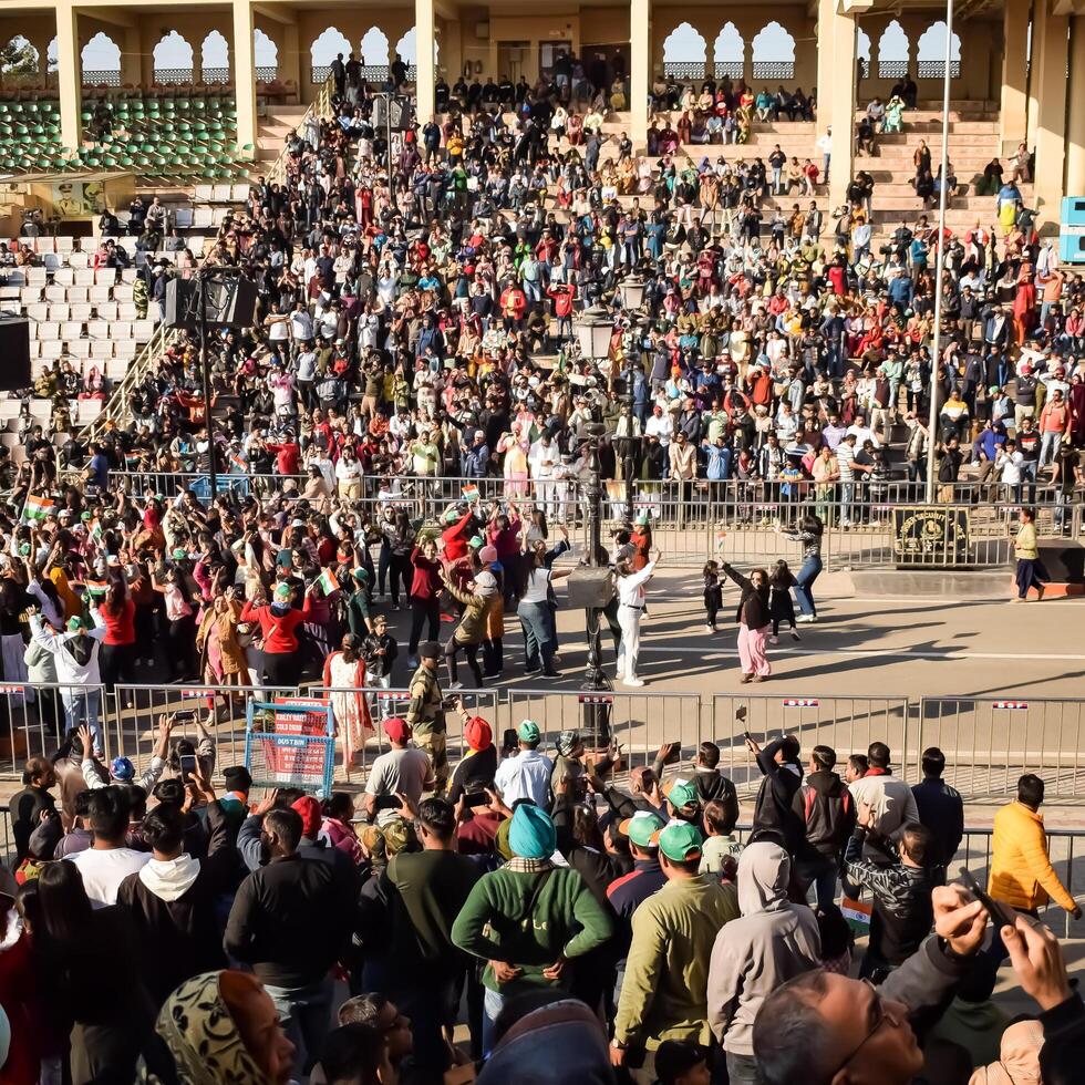 Wagah Border, Amritsar, Punjab, India, 02 February 2024 - Flag ceremony by Border Security Force BSF guards at India-Pakistan border near Attari Amritsar, Punjab, India held every day evening time photo