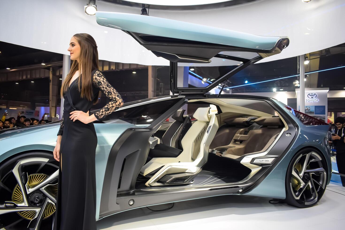 Noida, Uttar Pradesh, India, 28 November 2023- The futuristic self-driving fully autonomous electric, diesel and petrol car displayed at an auto expo 2023. Creative car designed for automobile future. photo