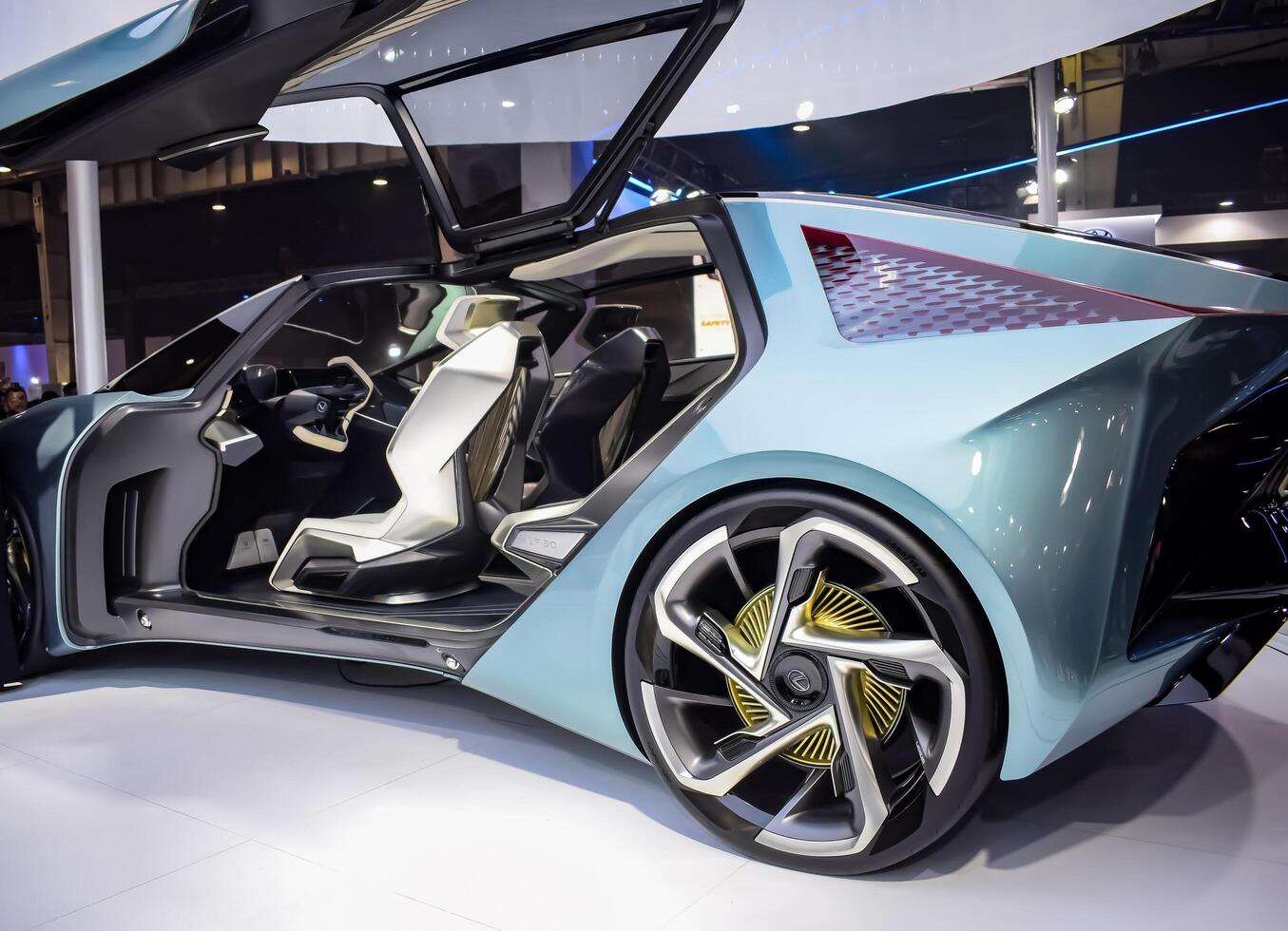 Noida, Uttar Pradesh, India, 28 November 2023- The futuristic self-driving fully autonomous electric, diesel and petrol car displayed at an auto expo 2023. Creative car designed for automobile future. photo