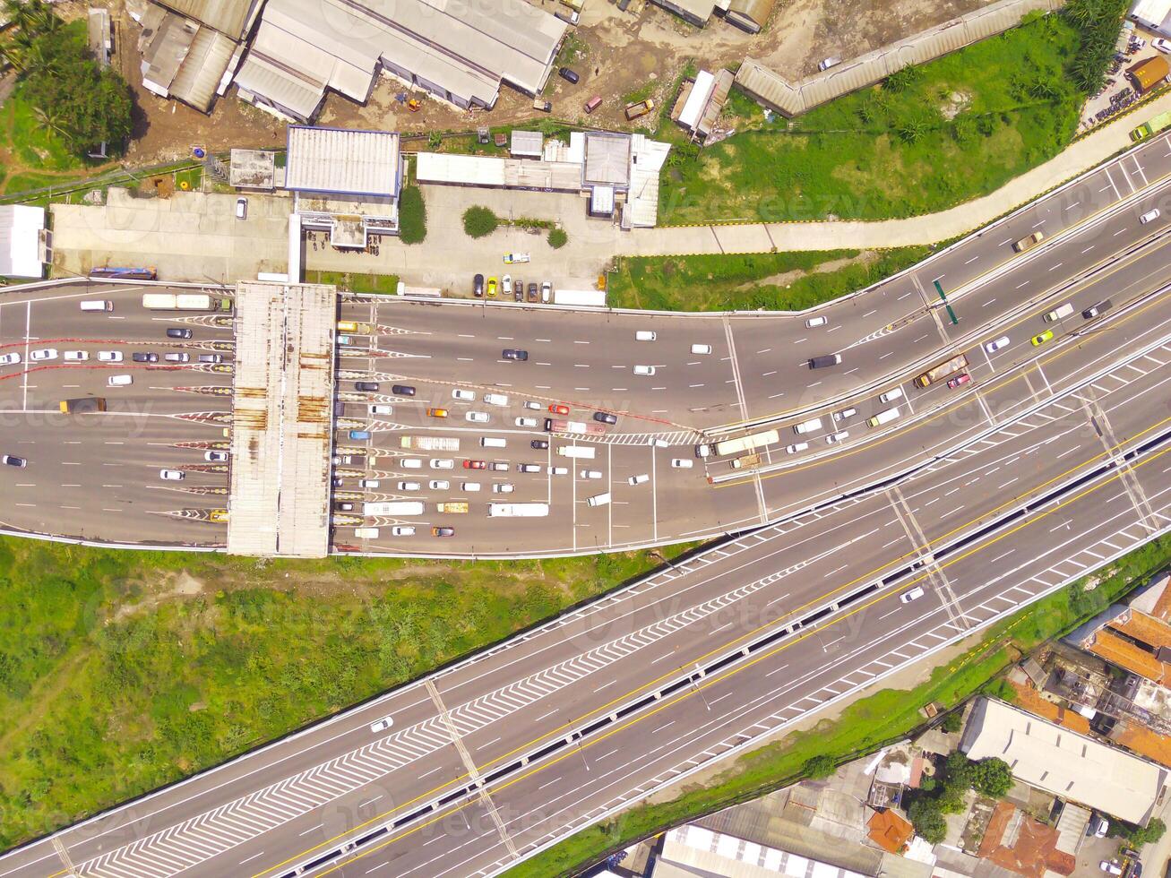 Bird eye view of Cileunyi Highway overpass, highway above the Cileunyi intersection, Bandung, West Java Indonesia, Asia. Transportation Industry. Above. Inter-city road access. Shot from a drone photo