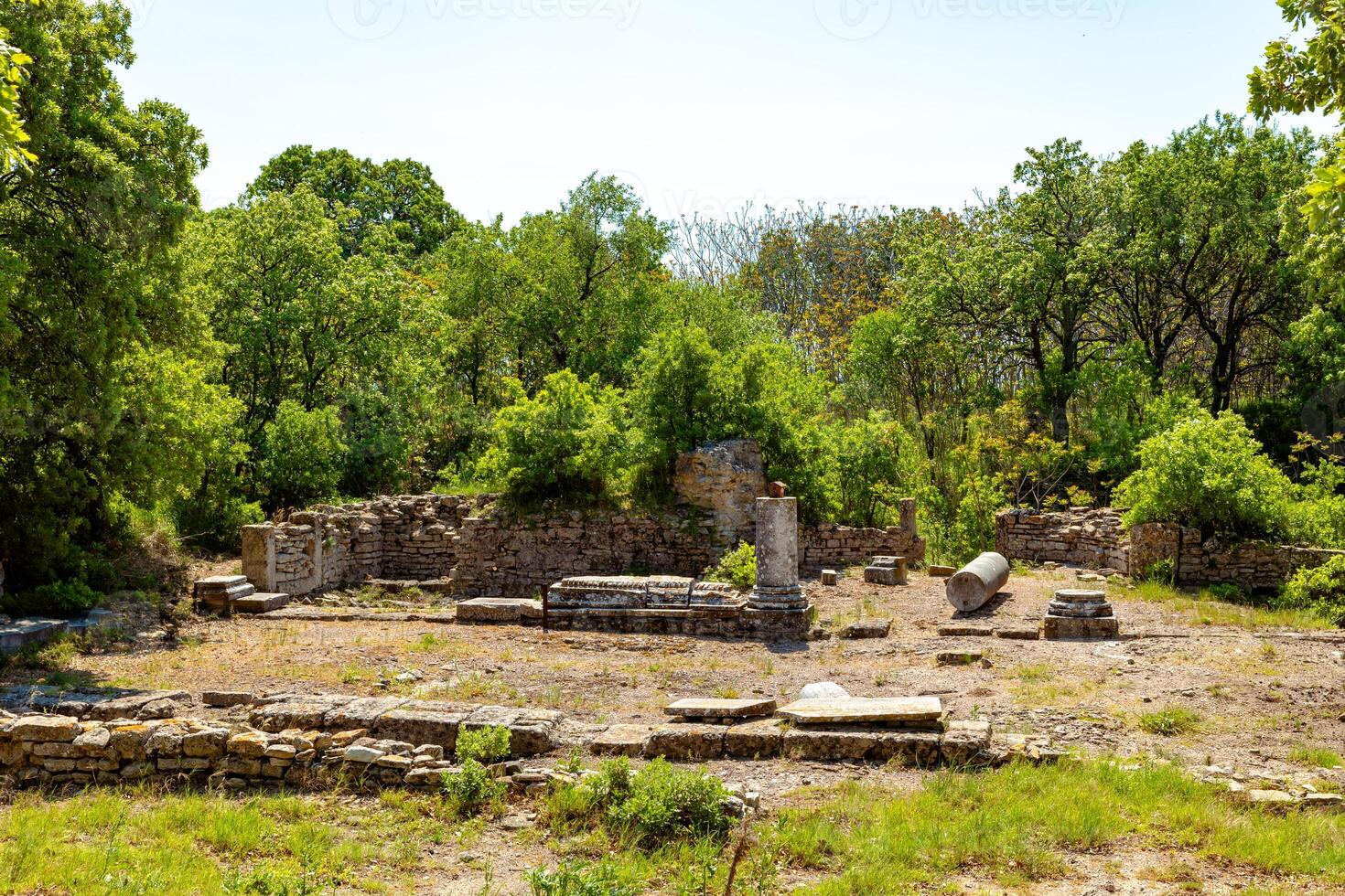 Ruins of Troy ancient city and trees in the spring photo