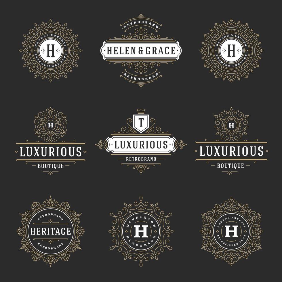 Vintage logos templates set, flourishes calligraphic elegant ornaments frames and borders. vector