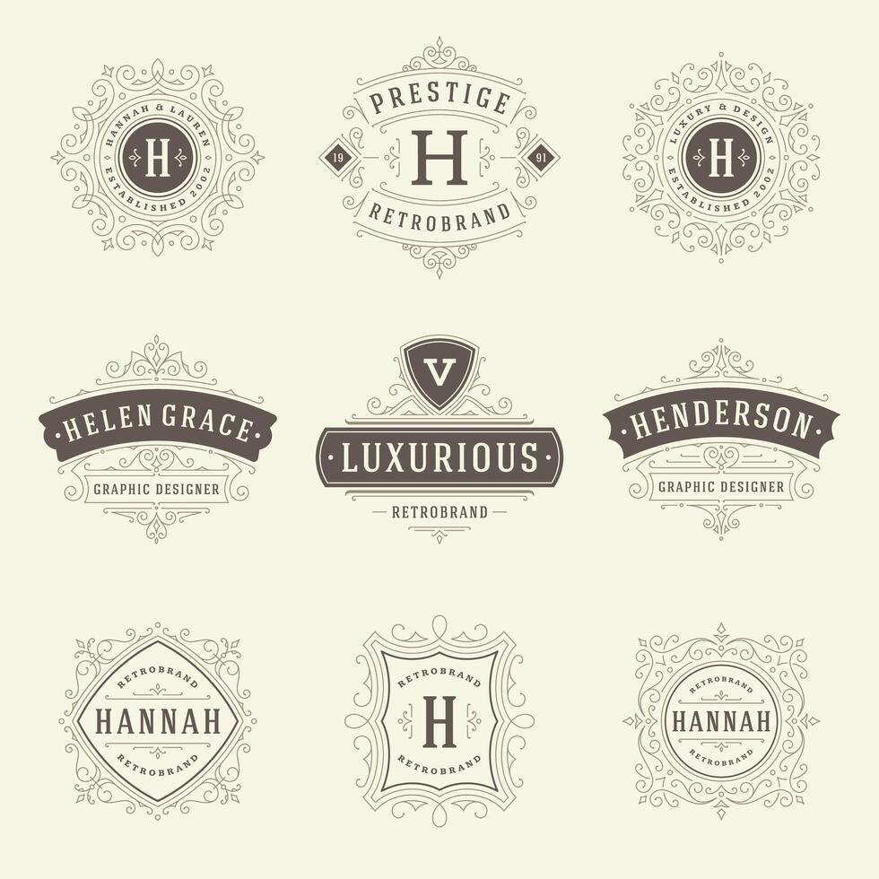 Vintage logos templates set, flourishes calligraphic elegant ornaments frames and borders. vector