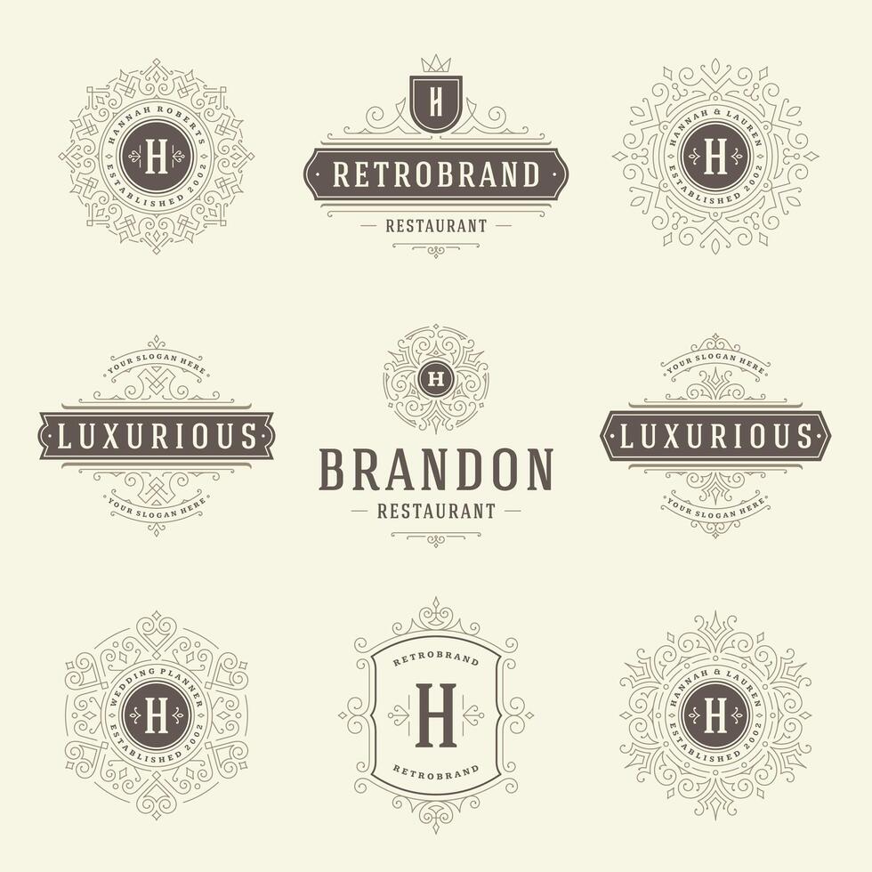 Vintage logos templates set, flourishes calligraphic elegant ornaments frames and borders. vector