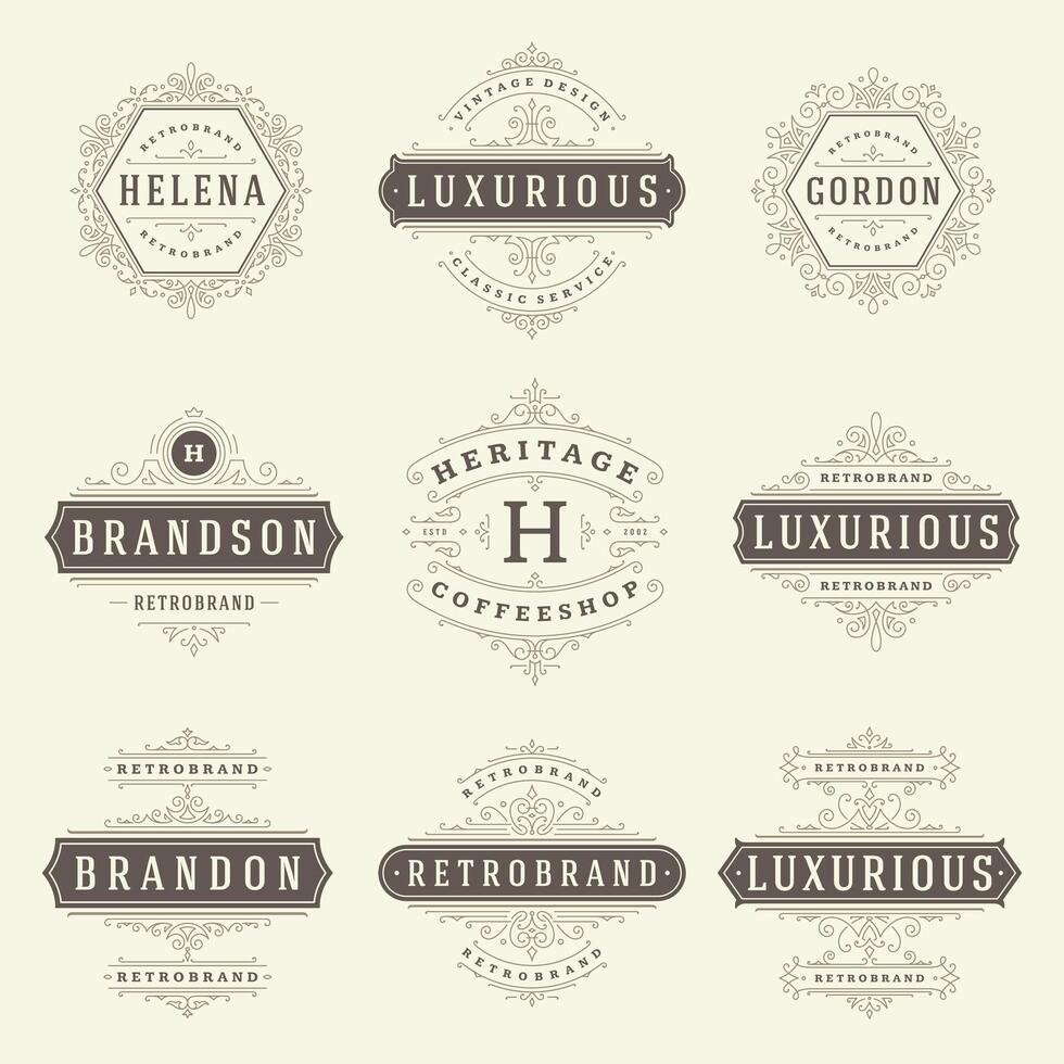 Vintage logos templates set, flourishes calligraphic elegant ornaments frames and borders. vector