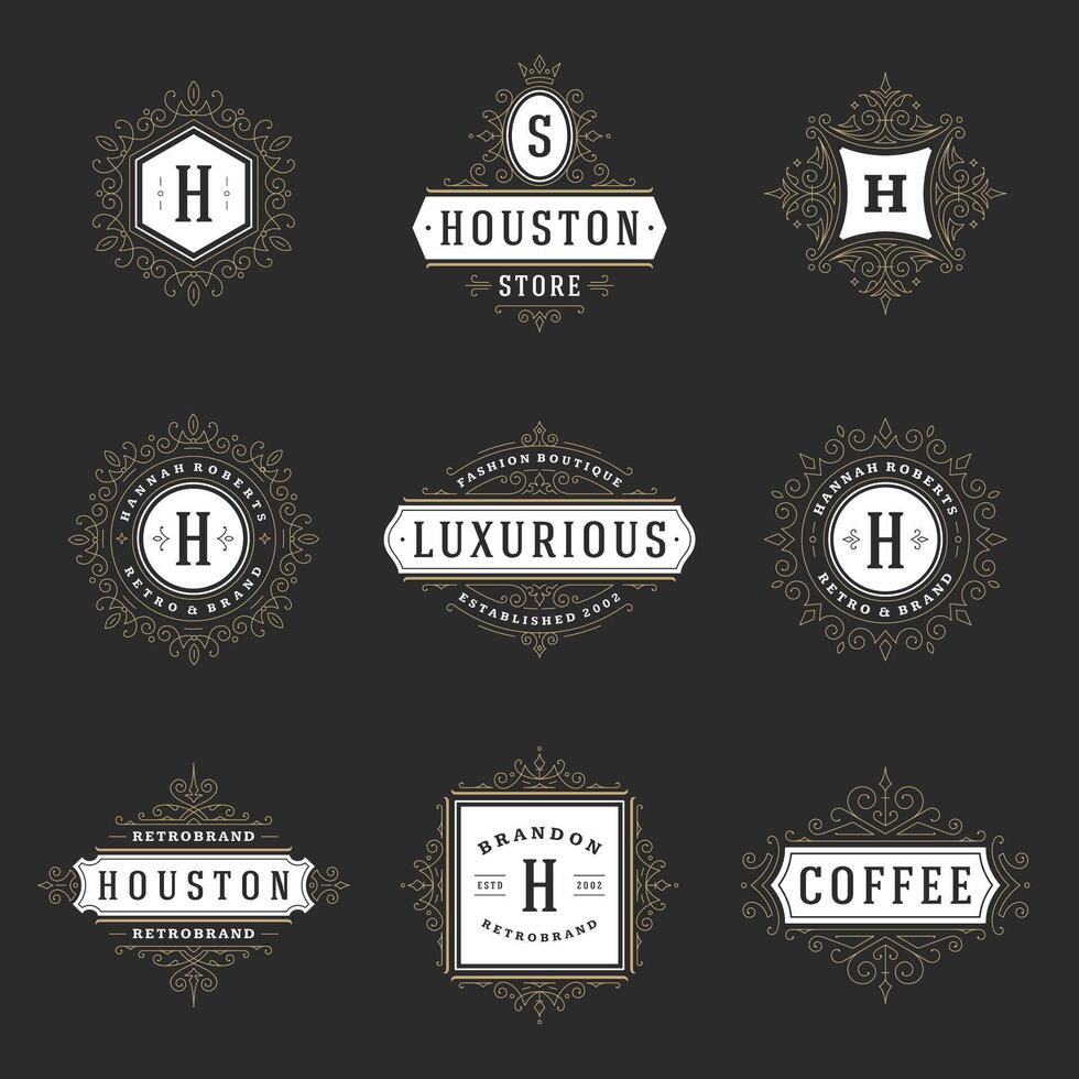 Vintage logos templates set, flourishes calligraphic elegant ornaments frames and borders. vector