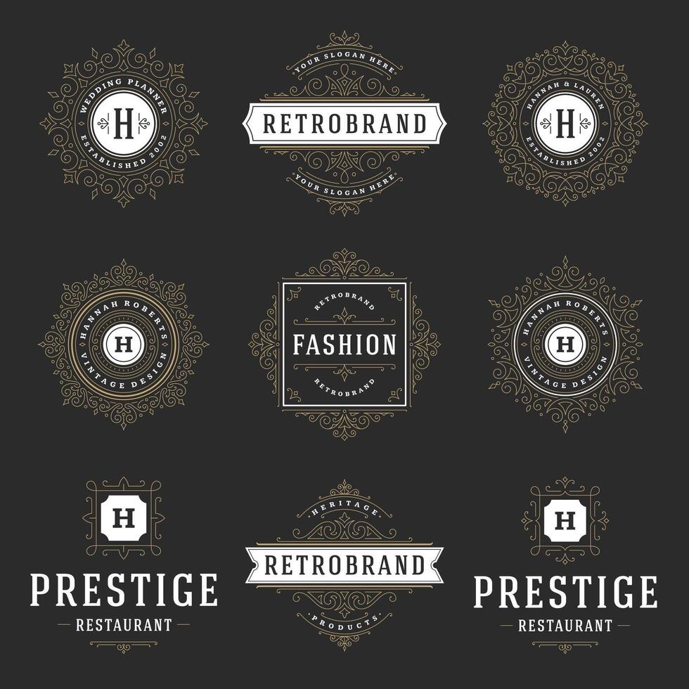 Vintage logos templates set, flourishes calligraphic elegant ornaments frames and borders. vector