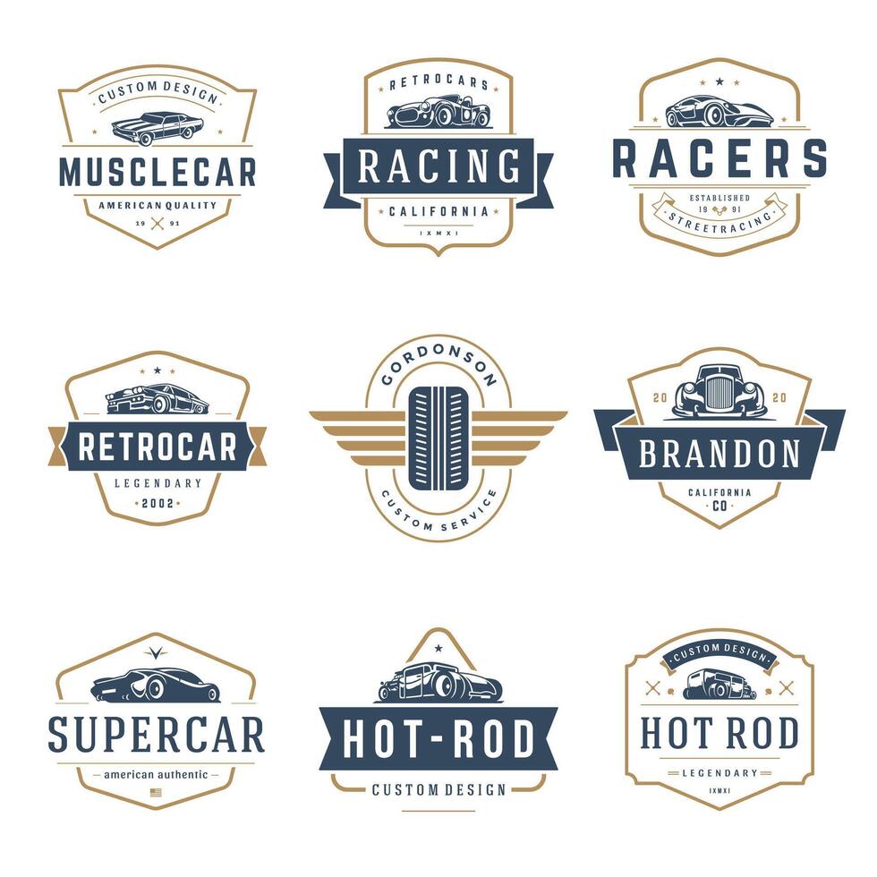 Car logos templates design elements set, vintage style emblems and badges vector
