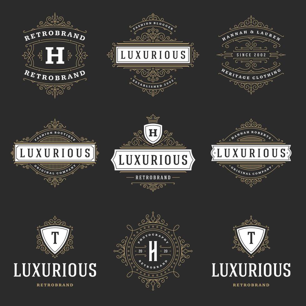 Vintage logos templates set, flourishes calligraphic elegant ornaments frames and borders. vector