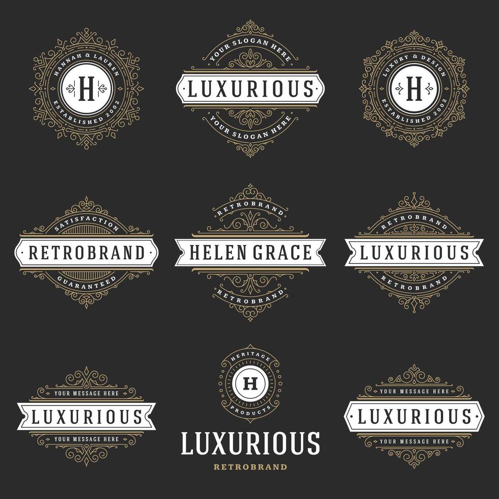 Vintage logos templates set, flourishes calligraphic elegant ornaments frames and borders. vector