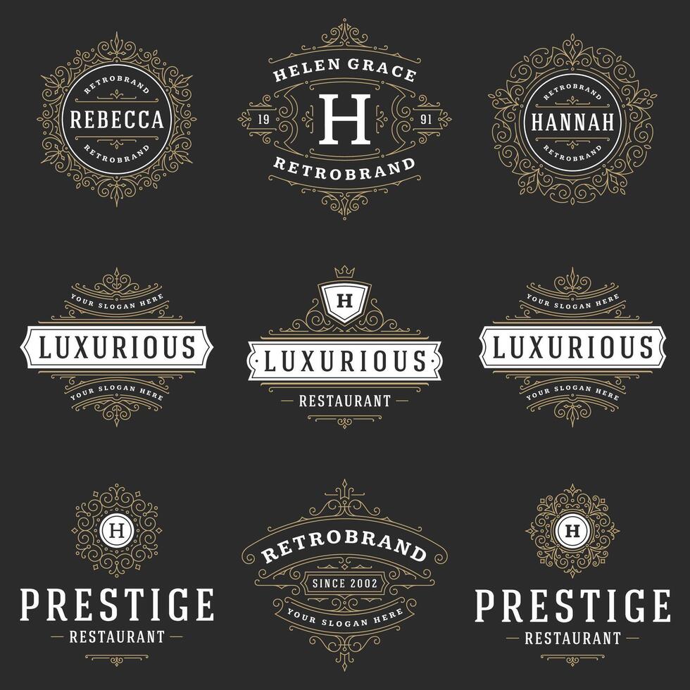 Vintage logos templates set, flourishes calligraphic elegant ornaments frames and borders. vector