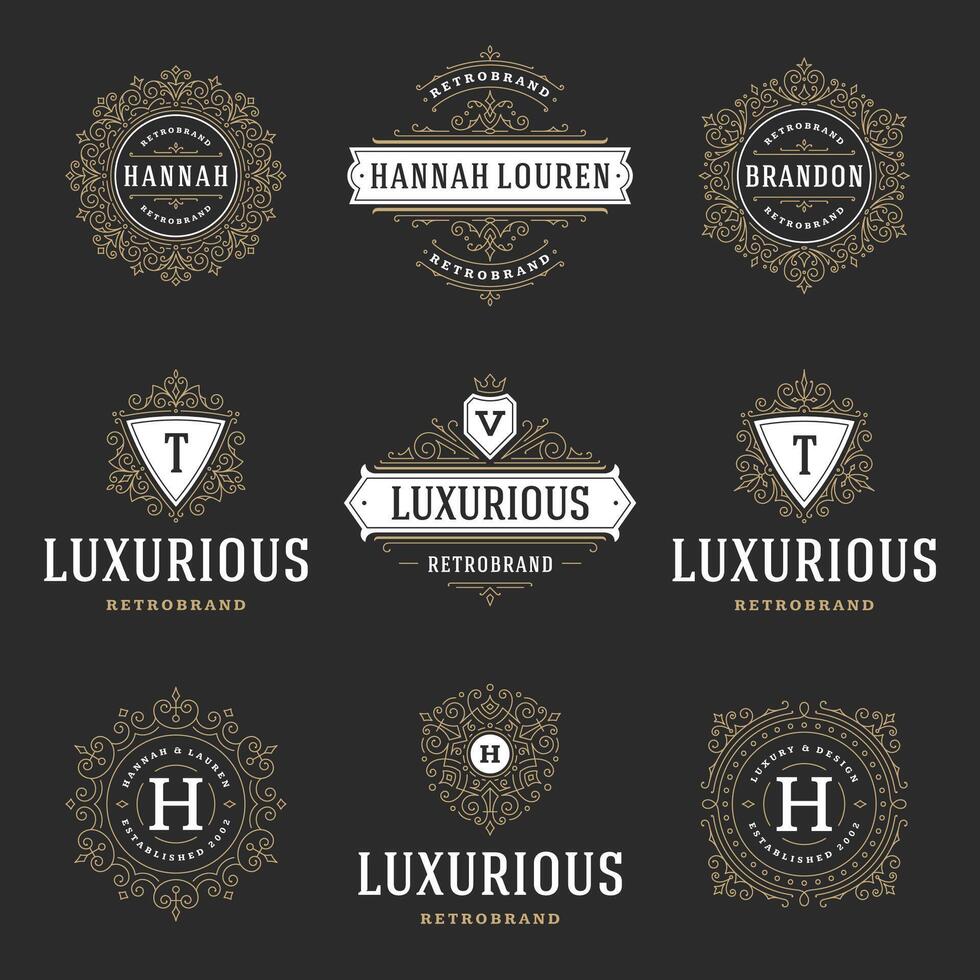 Vintage logos templates set, flourishes calligraphic elegant ornaments frames and borders. vector