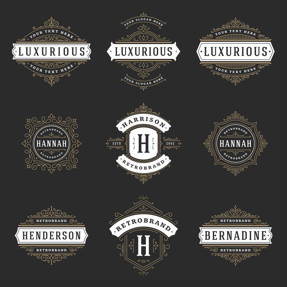 Vintage logos templates set, flourishes calligraphic elegant ornaments frames and borders vector