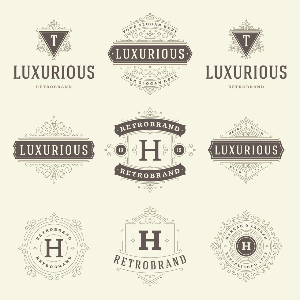 Vintage logos templates set, flourishes calligraphic elegant ornaments frames and borders. vector