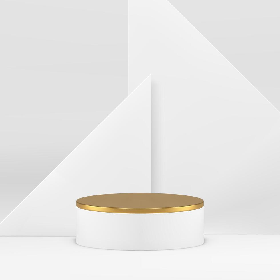 3d podium pedestal golden cylinder stand with triangle wall background realistic vector