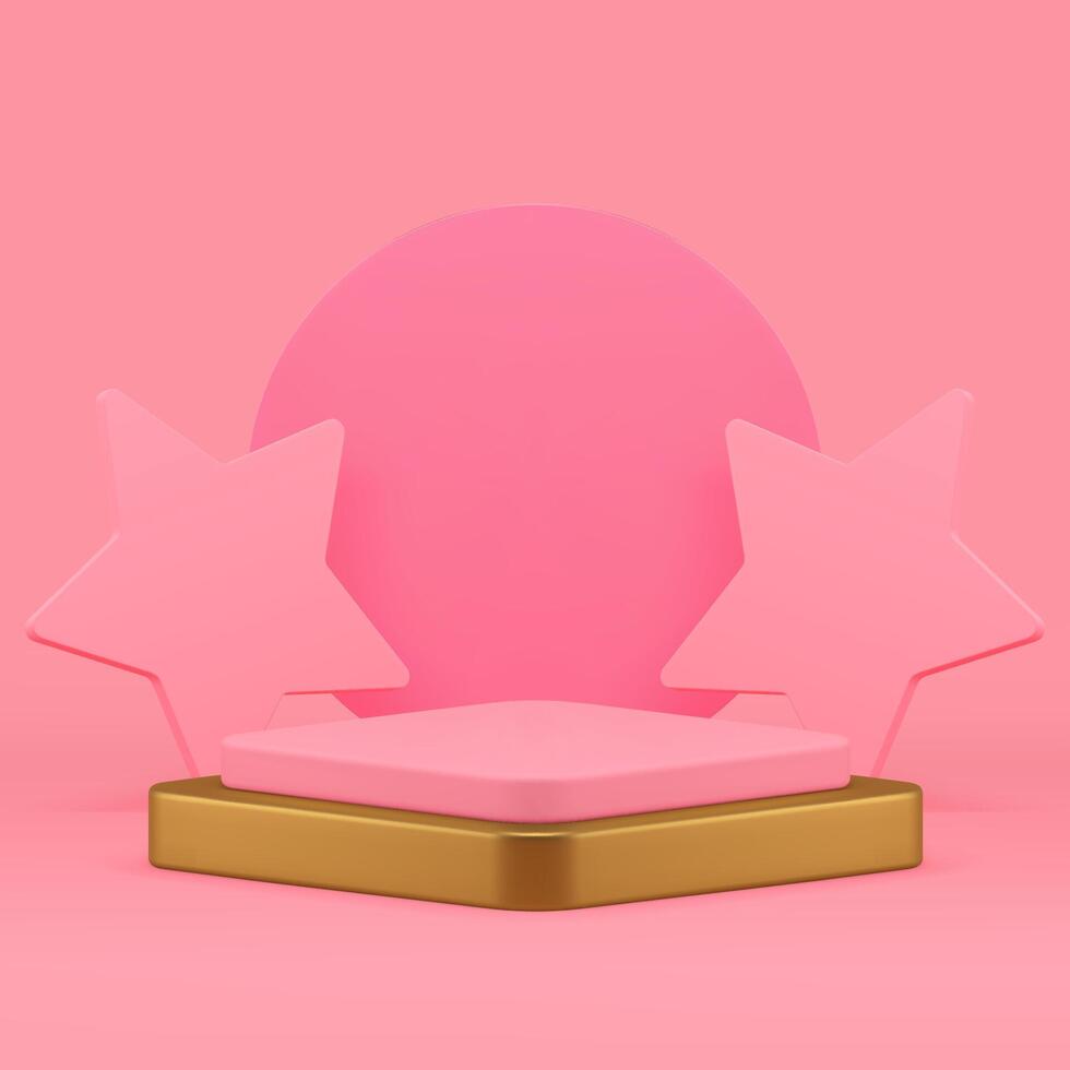 Luxury 3d golden podium pedestal with stars circle wall background realistic illustration vector