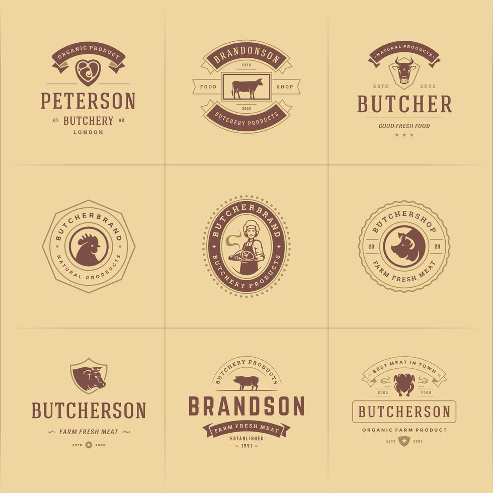 Butcher shop logos set illustration good for farm or restaurant badges with animals and meat silhouettes vector