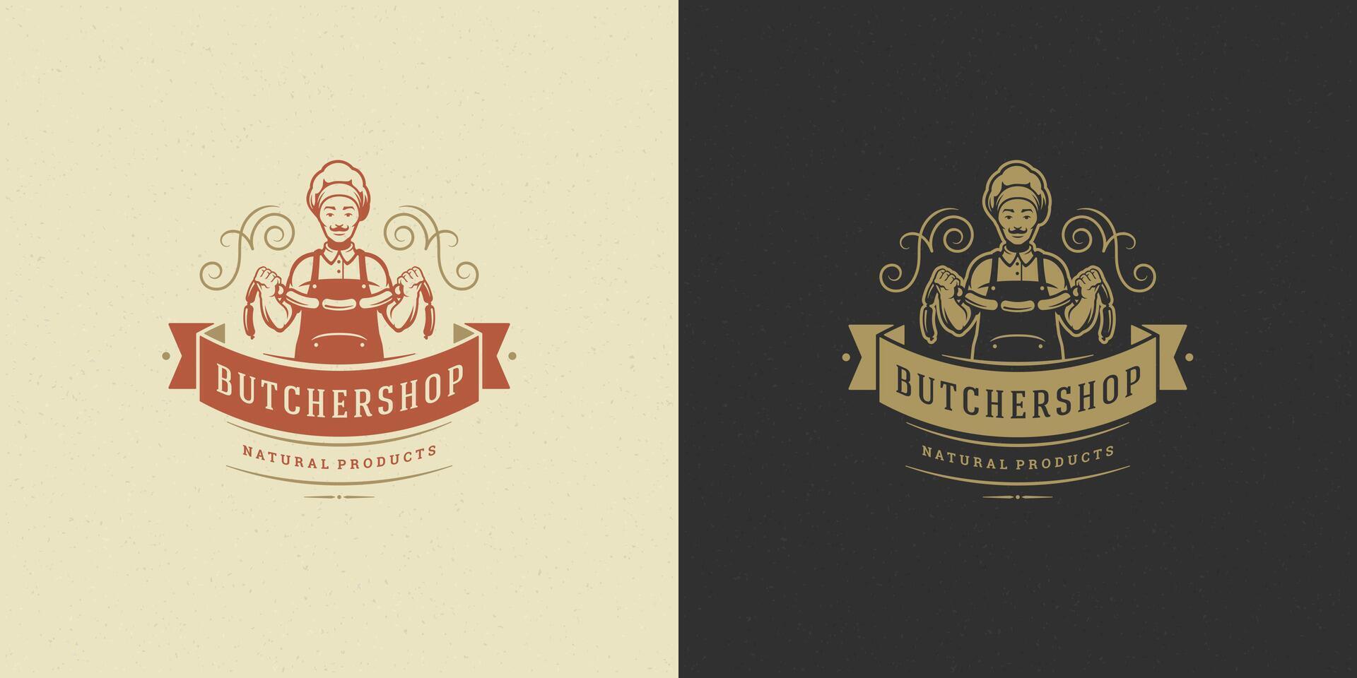 Butcher shop logo illustration chef holding sausages silhouette good for restaurant menu badge vector