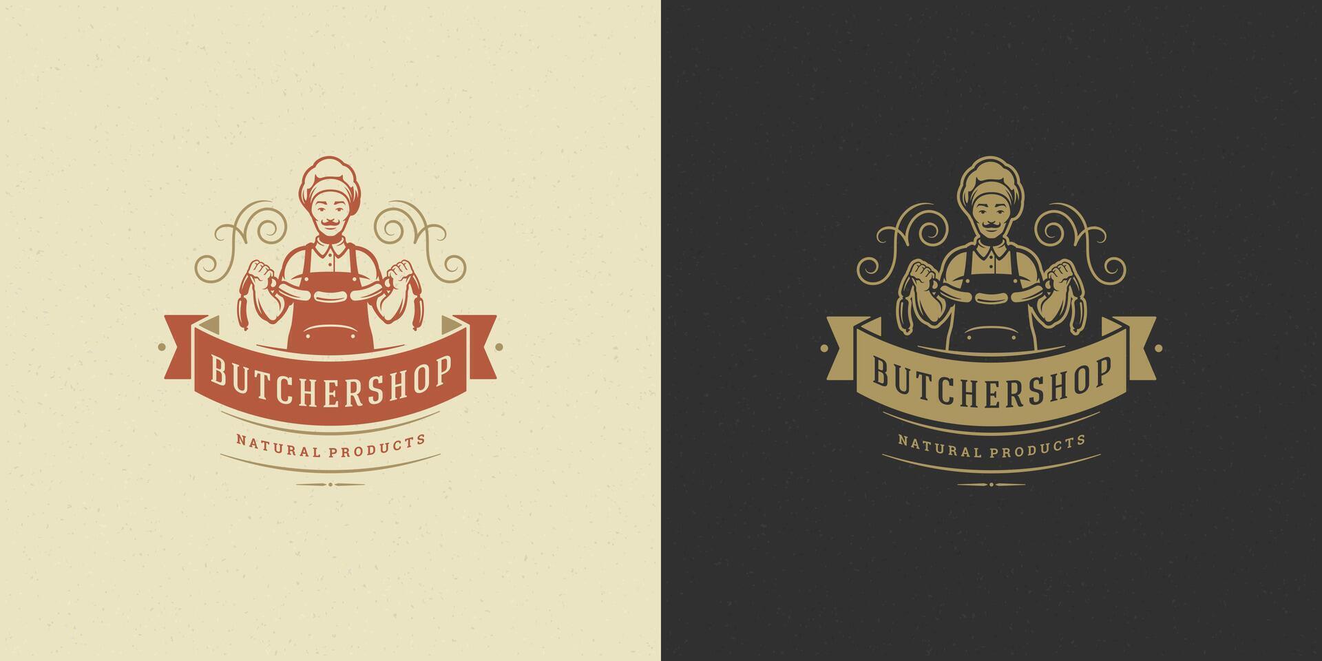 Butcher shop logo illustration chef holding sausages silhouette good for restaurant menu badge vector