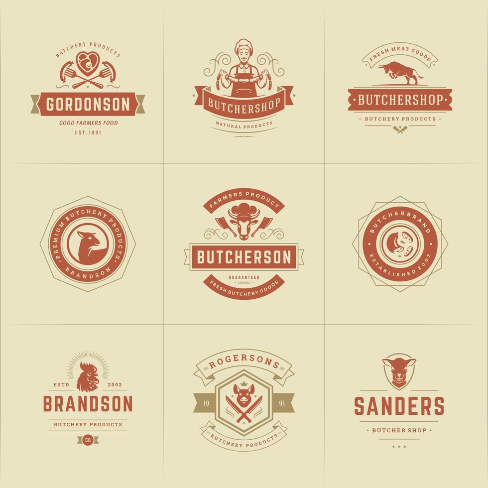 Carnicero tienda logos conjunto ilustración bueno para granja o restaurante insignias con animales y carne siluetas vector