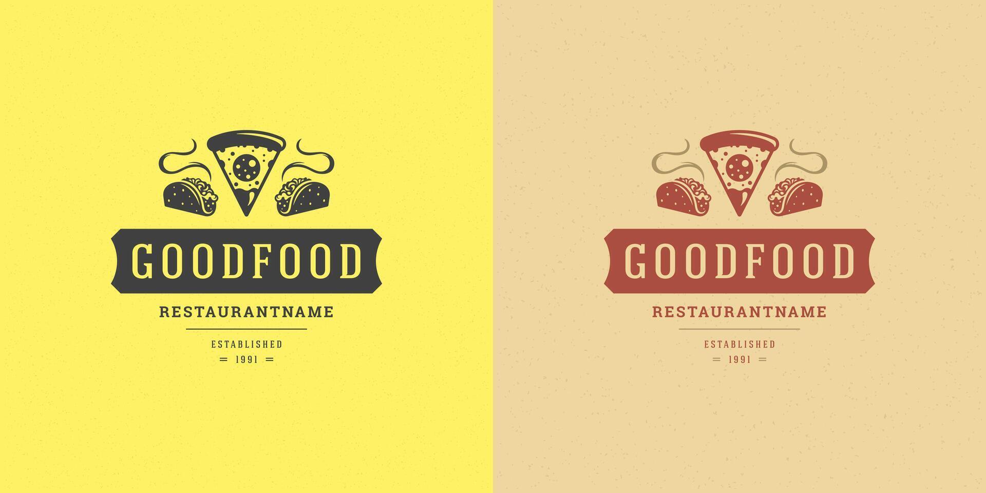 pizzería logo ilustración Pizza rebanada con tacos silueta bueno para restaurante menú y café Insignia vector