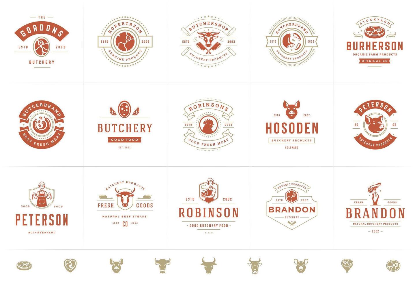 Carnicero tienda logos conjunto ilustración bueno para granja o restaurante insignias con animales y carne siluetas vector