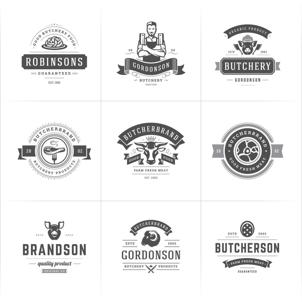 Butcher shop logos set illustration good for farm or restaurant badges with animals and meat silhouettes vector