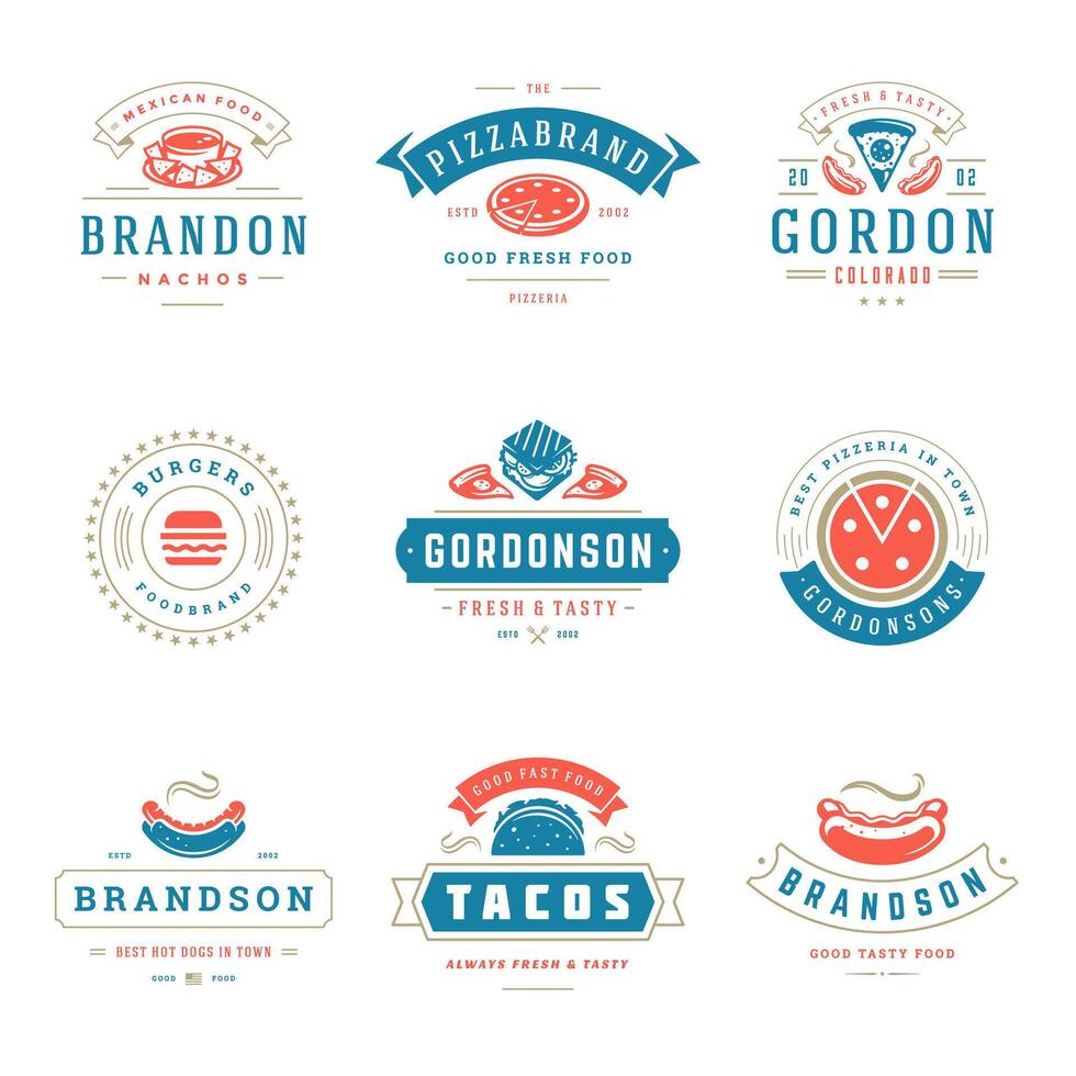 rápido comida logos conjunto ilustración bueno para pizzería o hamburguesa tienda y restaurante menú insignias con comida silueta vector