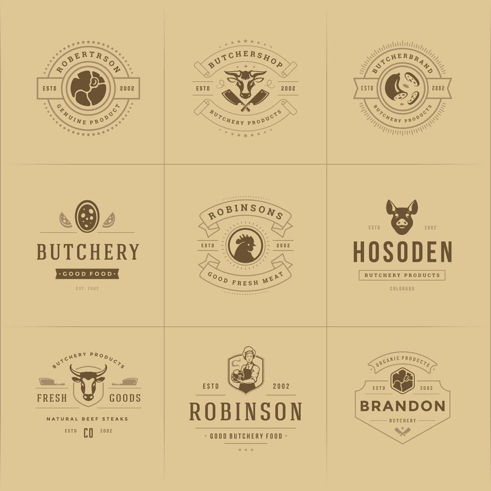 Butcher shop logos set illustration good for farm or restaurant badges with animals and meat silhouettes vector