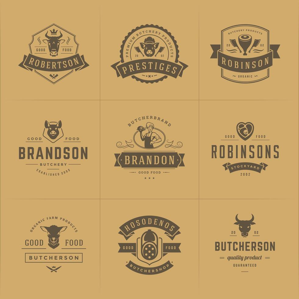 Butcher shop logos set illustration good for farm or restaurant badges with animals and meat silhouettes vector