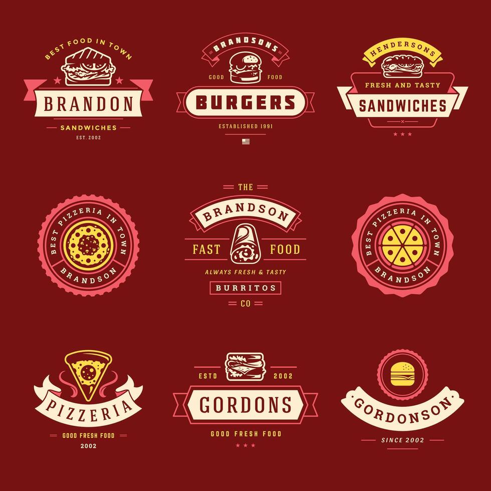 Fast food logos set illustration good for pizzeria or burger shop and restaurant menu badges with food silhouette vector