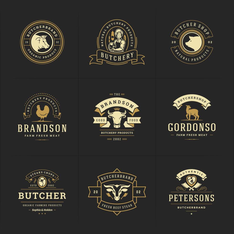 Butcher shop logos set illustration good for farm or restaurant badges with animals and meat silhouettes vector