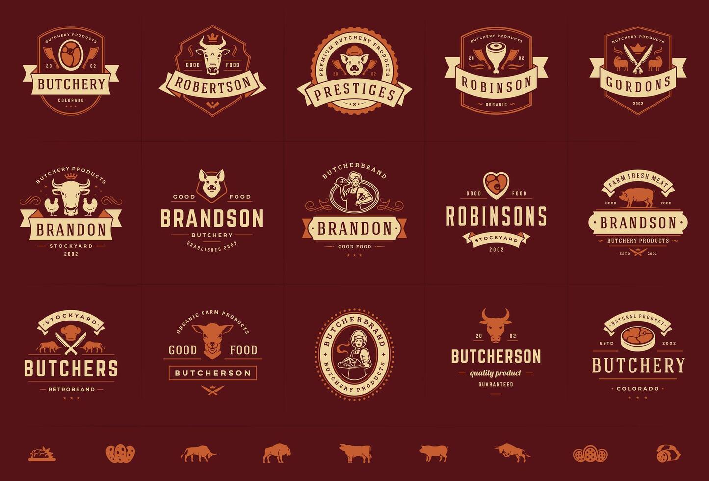 Carnicero tienda logos conjunto ilustración bueno para granja o restaurante insignias con animales y carne siluetas vector