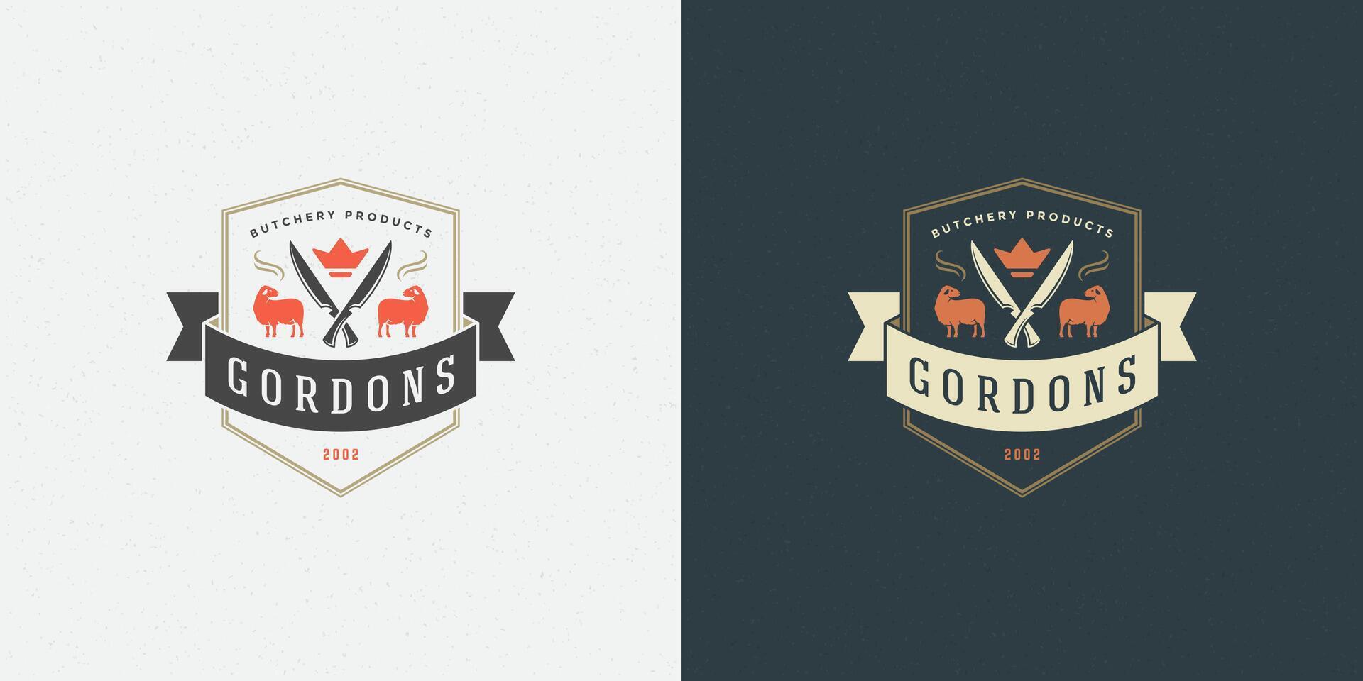 Butcher shop logo illustration lamb with knifes silhouette good for farm or restaurant badge vector