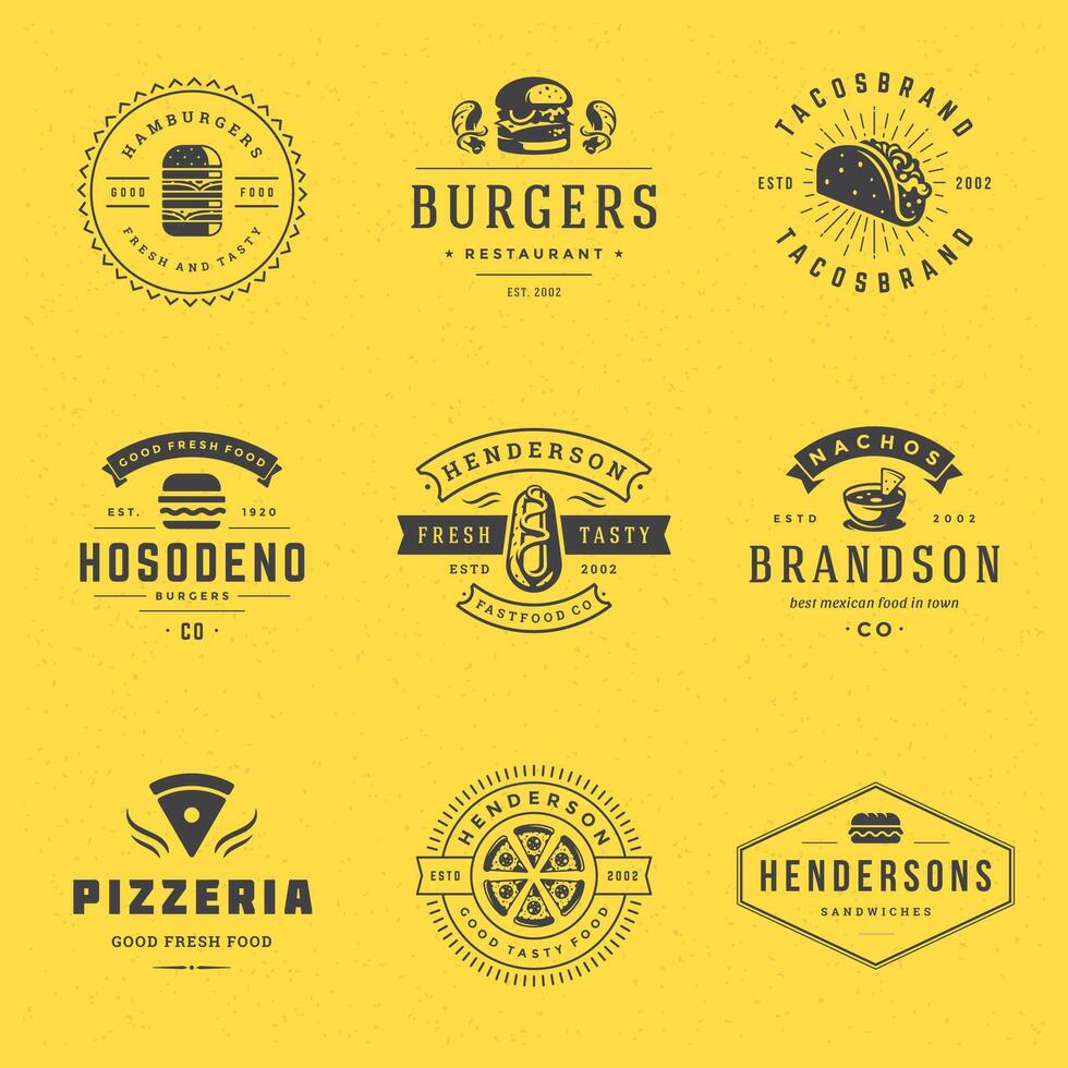 Fast food logos set illustration good for pizzeria, burger shop and restaurant menu vector