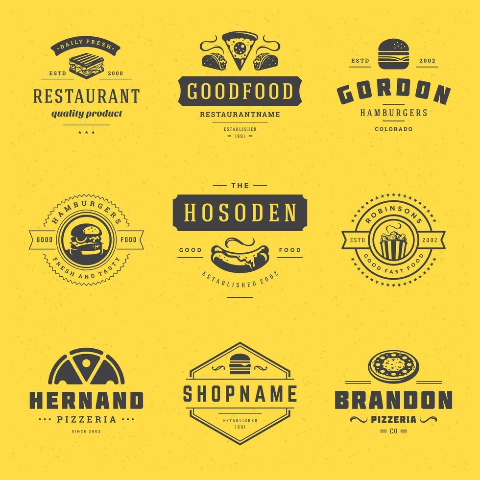 Fast food logos set illustration good for pizzeria, burger shop and restaurant menu vector