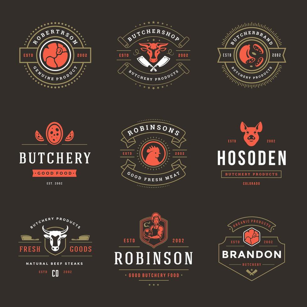 Butcher shop logos set illustration good for farm or restaurant badges with animals and meat silhouettes vector