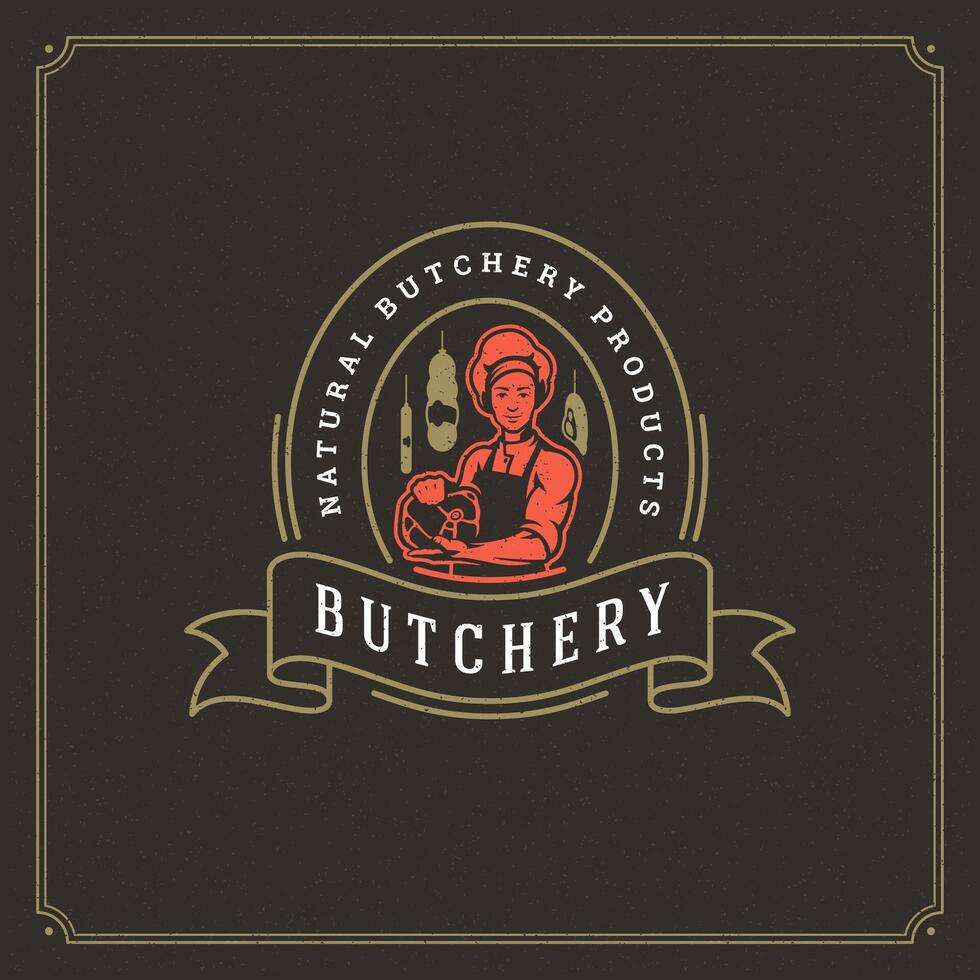 Butcher shop logo illustration chef holding meat vector