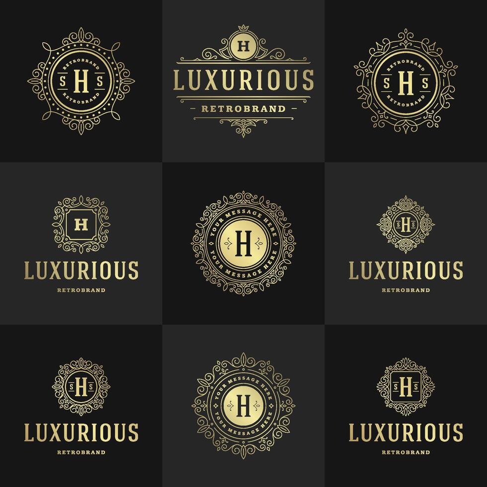 Vintage logos and monograms set elegant flourishes line art graceful ornaments victorian style template design vector