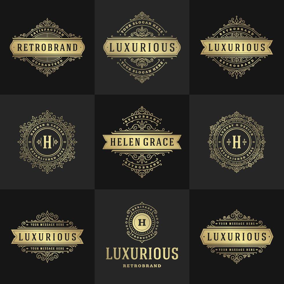 Vintage logos and monograms set elegant flourishes line art graceful ornaments victorian style template design vector