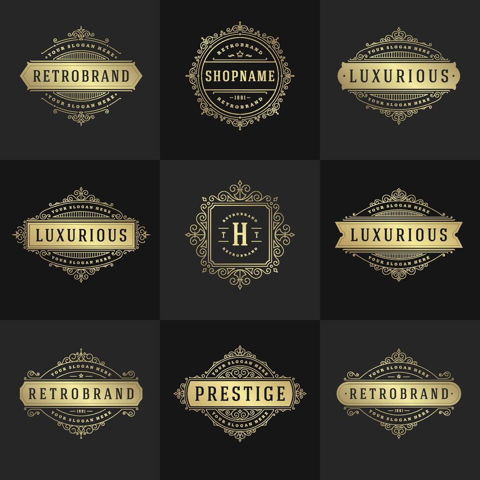 Vintage logos and monograms set elegant flourishes line art graceful ornaments victorian style template design vector