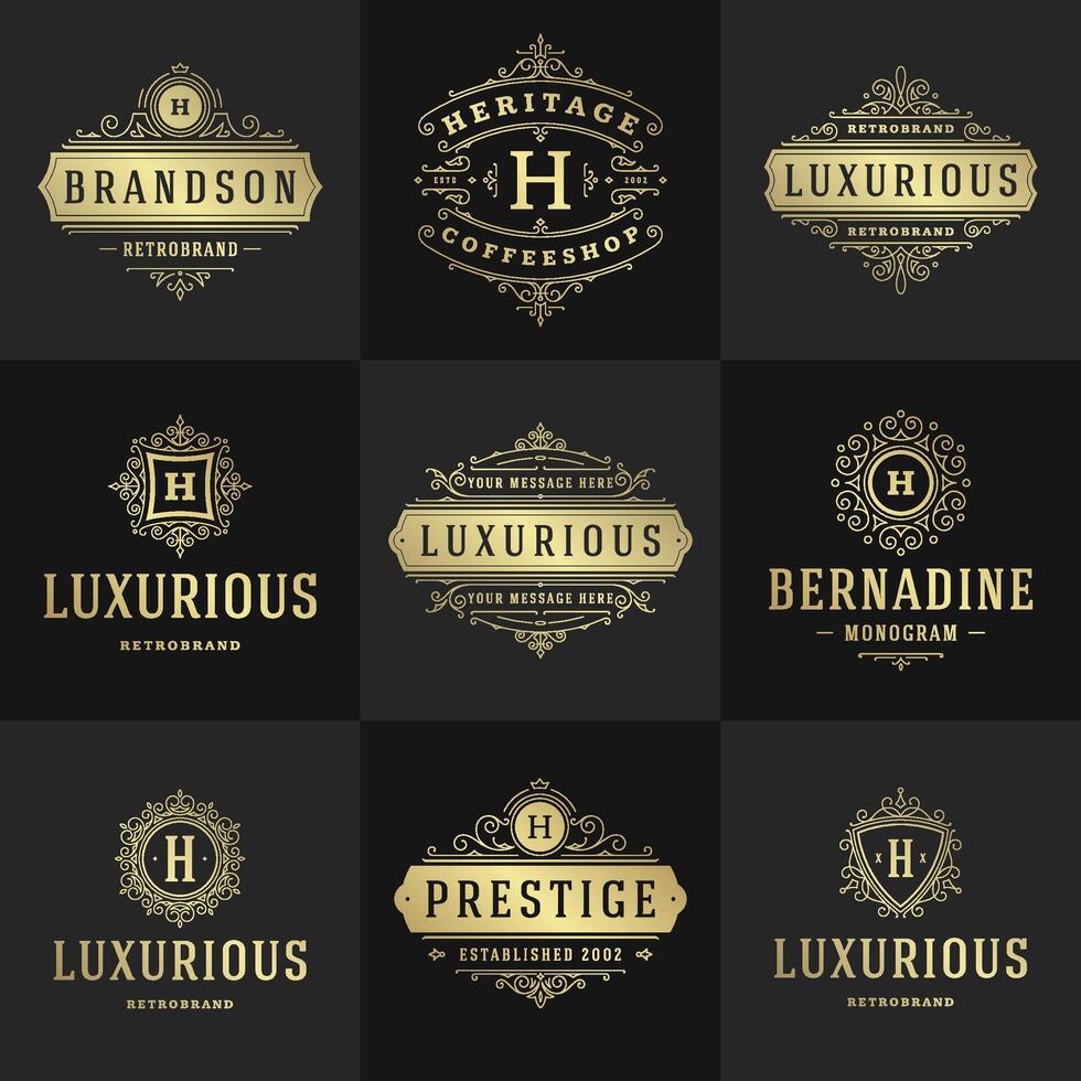 Vintage logos and monograms set elegant flourishes line art graceful ornaments victorian style template design vector