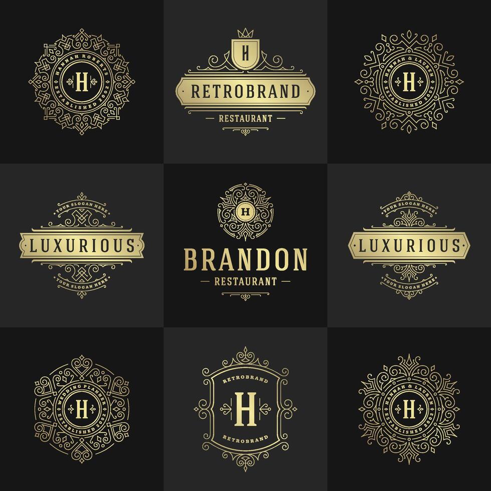 Vintage logos and monograms set elegant flourishes line art graceful ornaments victorian style template design vector