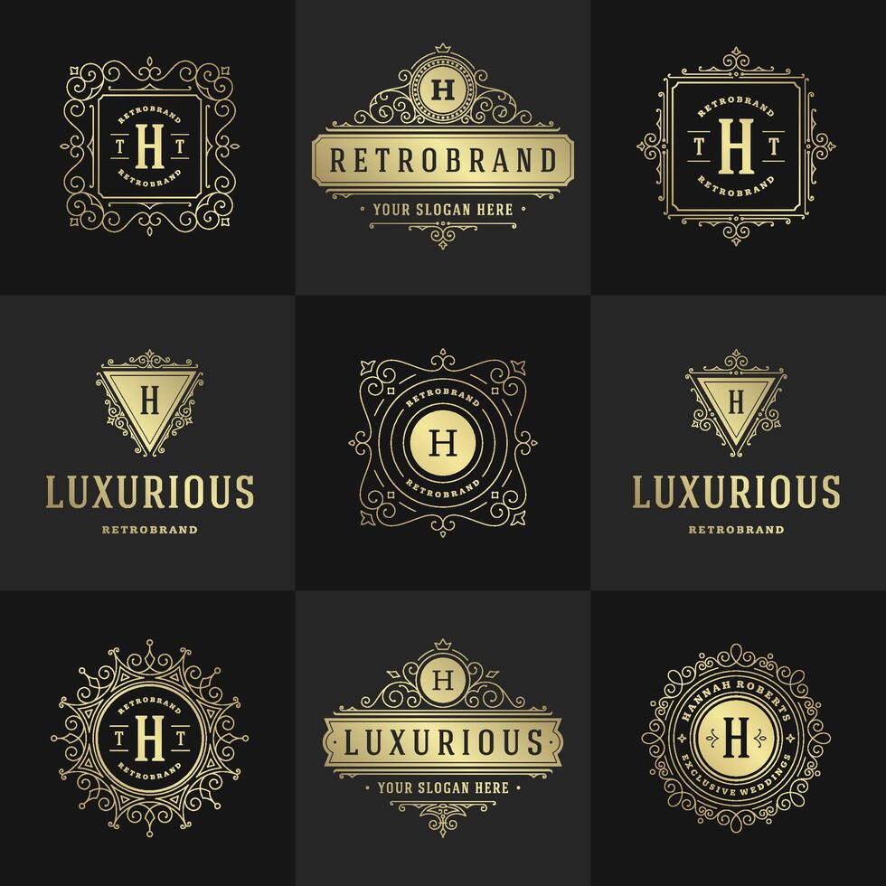 Vintage logos and monograms set elegant flourishes line art graceful ornaments victorian style template design vector