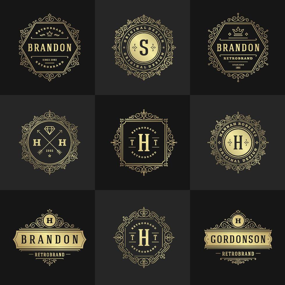 Vintage logos and monograms set elegant flourishes line art graceful ornaments victorian style template design vector