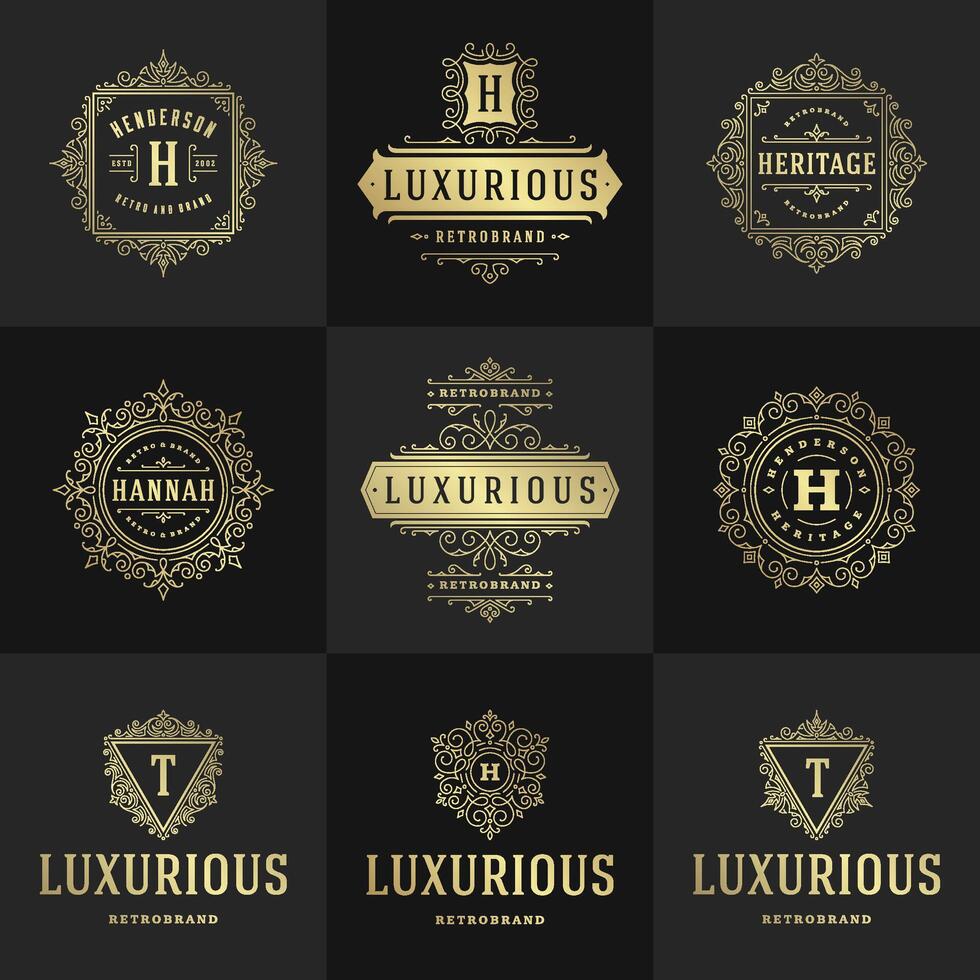 Vintage logos and monograms set elegant flourishes line art graceful ornaments victorian style template design vector