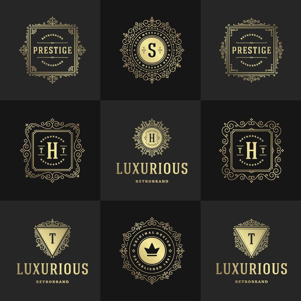 Vintage logos and monograms set elegant flourishes line art graceful ornaments victorian style template design vector